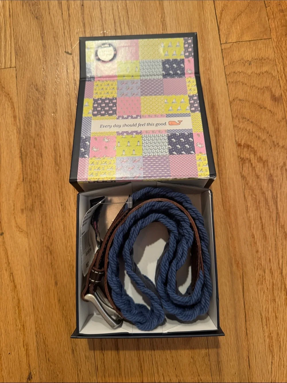 Vineyard Vines Navy Braided Rope Belt with Brown Leather - kids NWT